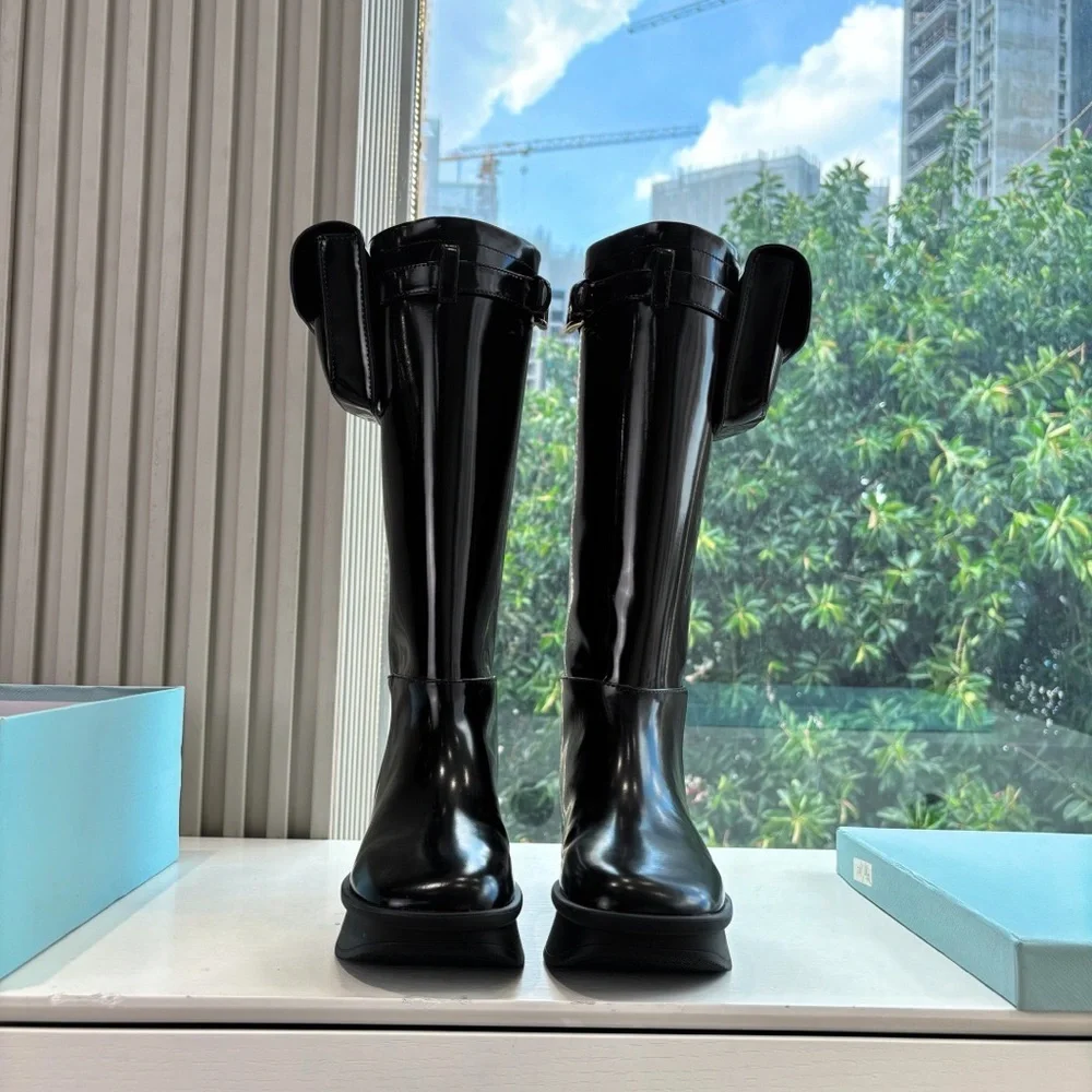 Prada Glossy Black Over the Knee Boots